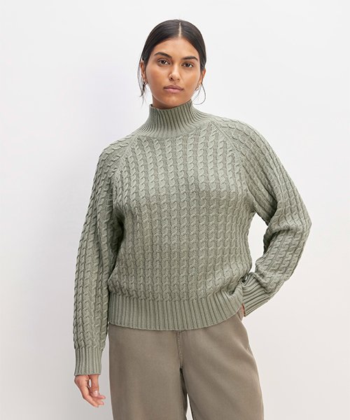 Cable knit cotton merino wool turtleneck sweater